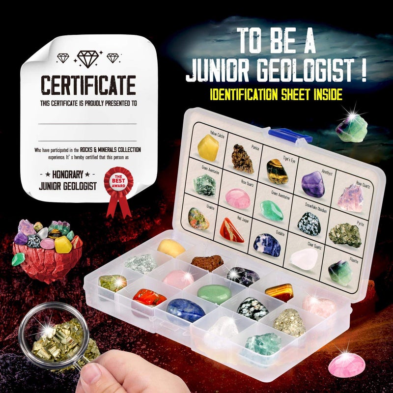 XX Rocks Collection - 15-Piece Rock Collections for Kids - Cool Geology Gem Kit with Identification Sheet - Gemstones Set Box with Learning Guide and Storage Case - Educational Gift for Kid - Image 2